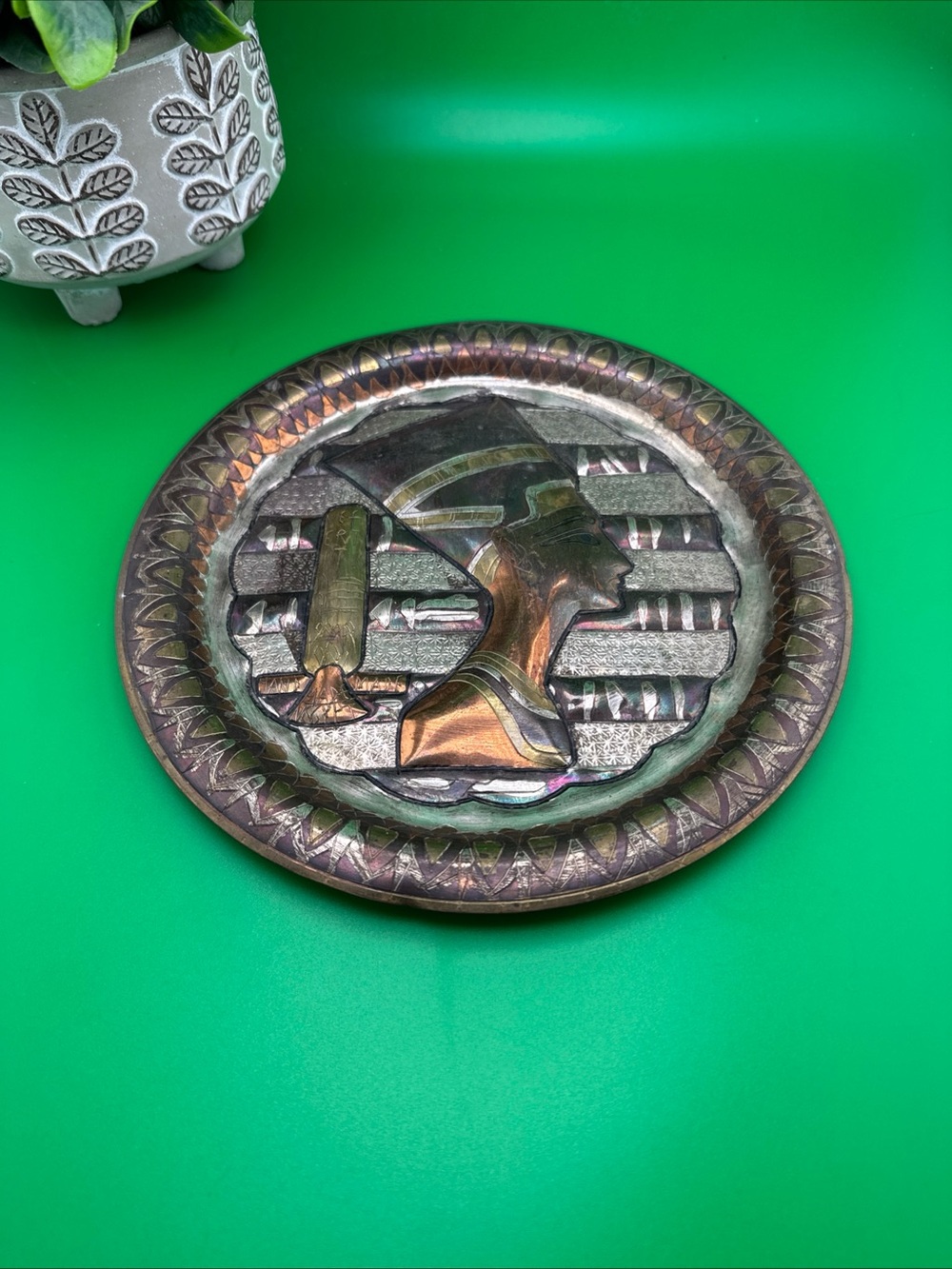 Vintage Copper Nefertiti Egyptian Wall Plaque Plate Etched Brass Hanging Decor